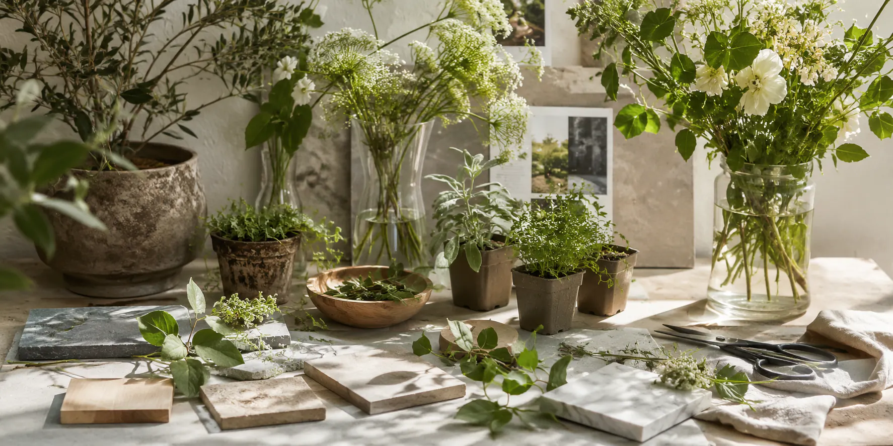 自然光下的庭院花境、路径和植物层次